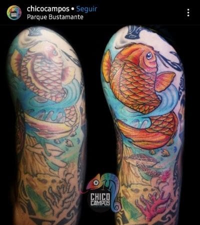 Reforma de tatuagem em desenho oriental colorido, no braço.