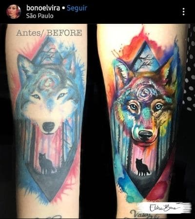 Reforma de tatuagem de lobo colorida.