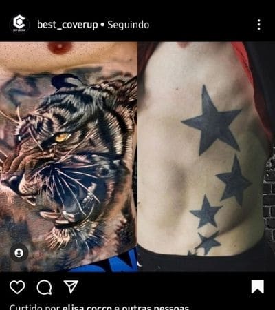 Cobertura em tatuagem preta na costela com tigre em realimso.
