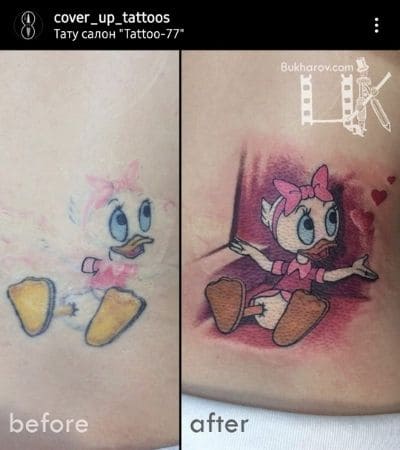 Reforma de tatuagem de desenho animado.