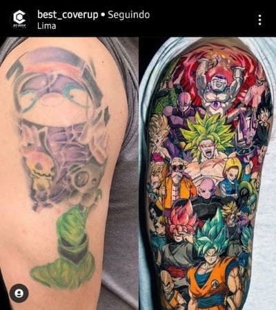 Cobertura de uma tatuagem grande no braço com todos os personagens de Dragon Ball.