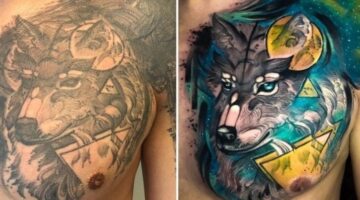 Tatuagem de lobo colorida.