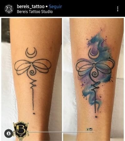 Reforma colorida em tatuagem na perna.