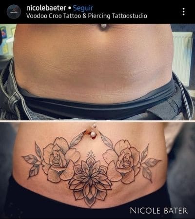 Rosas e flor de lótus em fineline, na barriga.