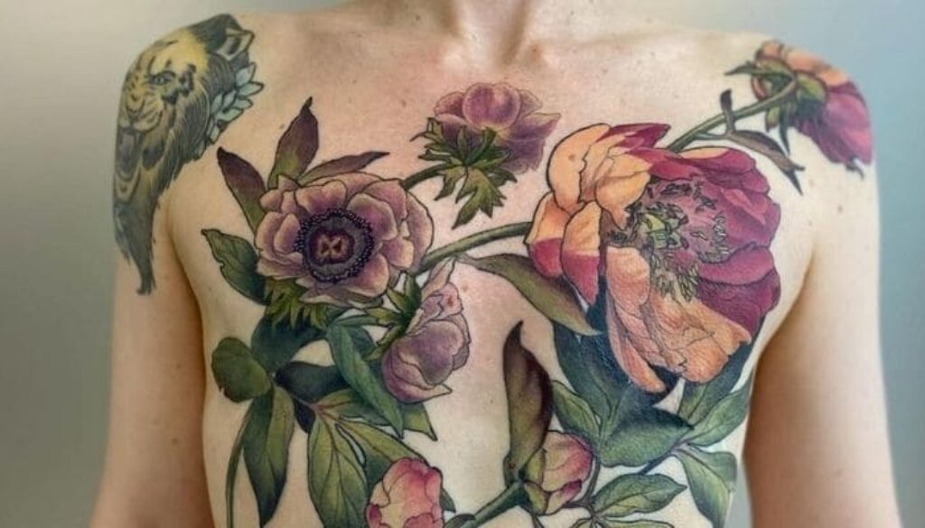 Arte floral incrível e colorida para cobrir as mamas.
