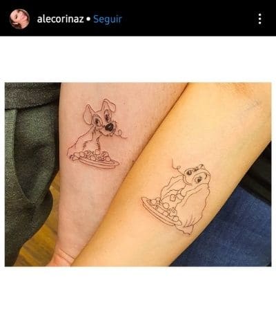 Tatuagem de casal com o desenho da dama e o vagabundo.