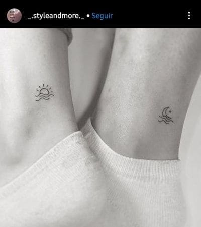 Tatuagem de casal sol e lua sobre ondas do mar, desenho em fineline delicado.